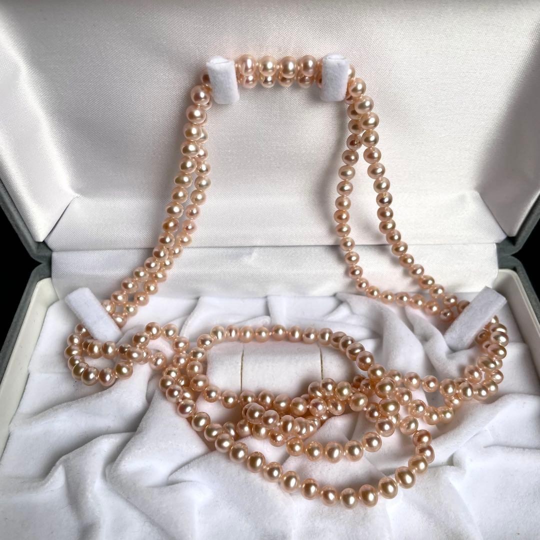 Super Long 120cm Pink Multi Pearl Necklace 5.5mm Round 2 Wrap Silver Clasp Auth