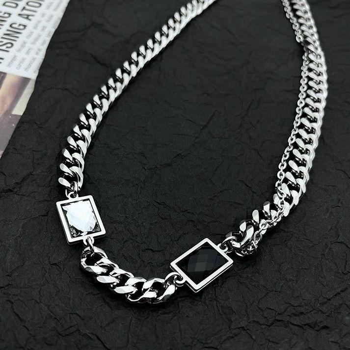 Silver 316 Stainless Square Zirconia Cuban Chain Necklace Unisex Street Jewelry