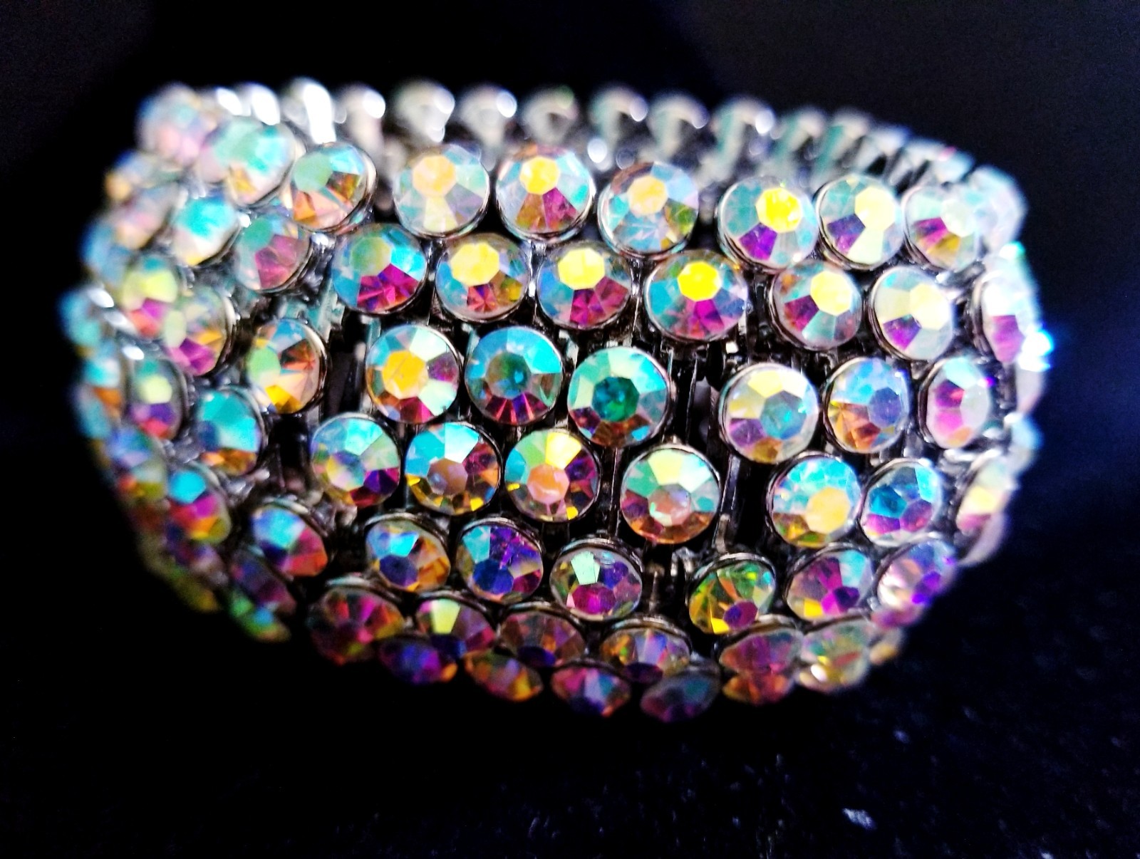 Iridescent Silver Rhinestone Stretch Bracelet Crystal Pageant Prom Drag Jewelry
