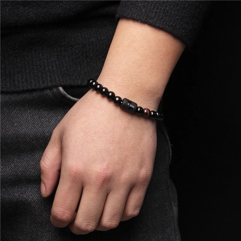 12 Constellation Zodiac Beads Couples Bracelet Natural Black Onyx Elastic Charm