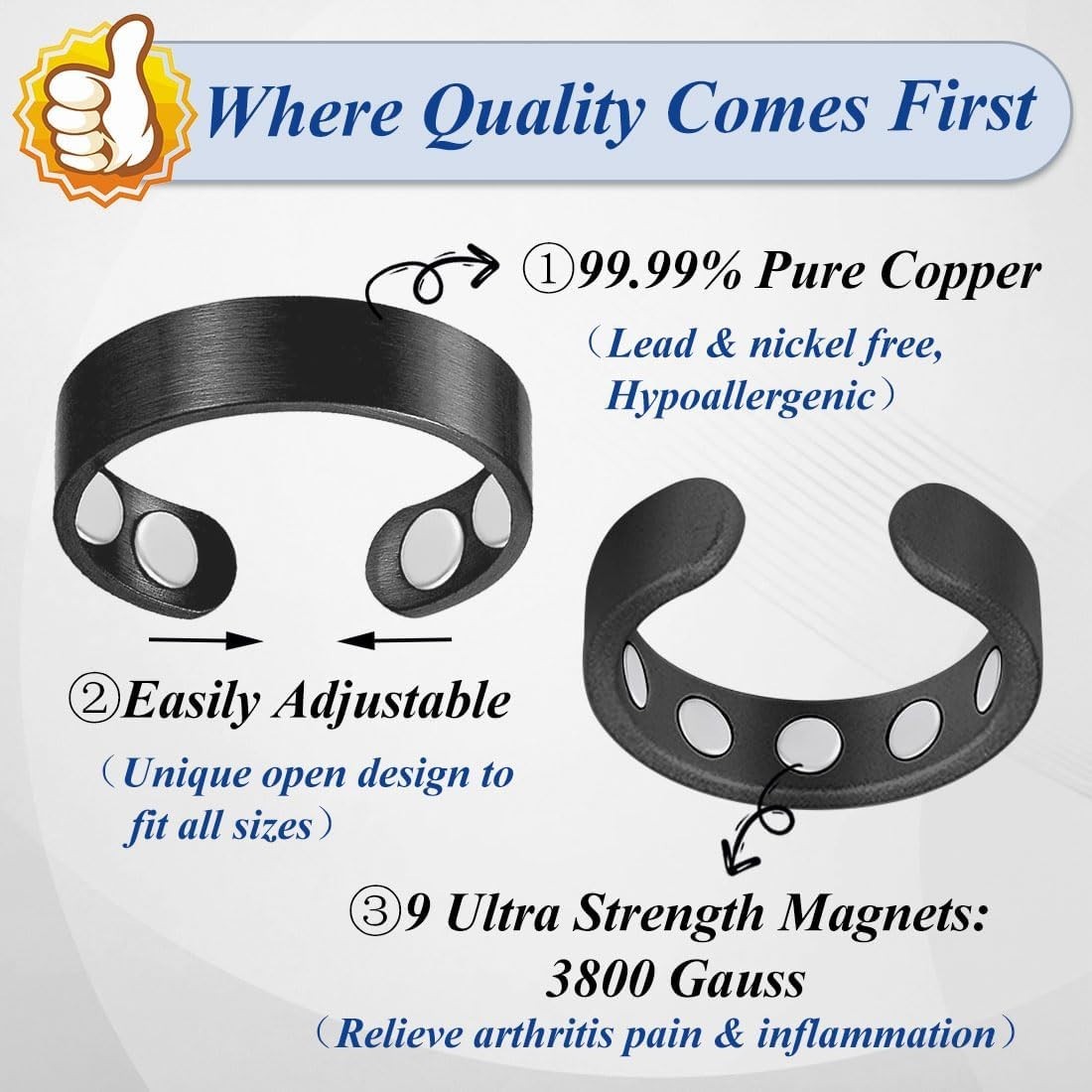 9X Magnetic Copper Rings Women Men Adjustable Solid Pure Copper Ring Arthritis