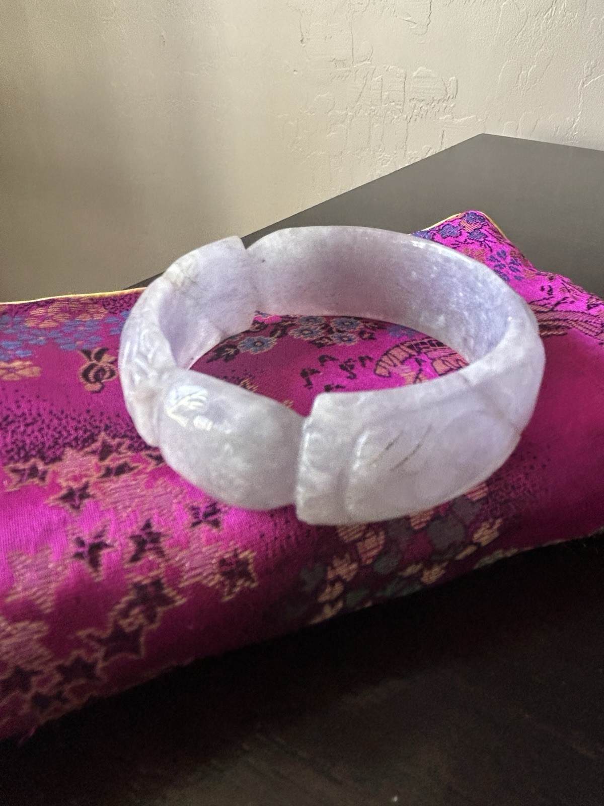 58-59MM Lavender Purple Burma Jadeite Jade Dragon Phoenix Carved Bracelet