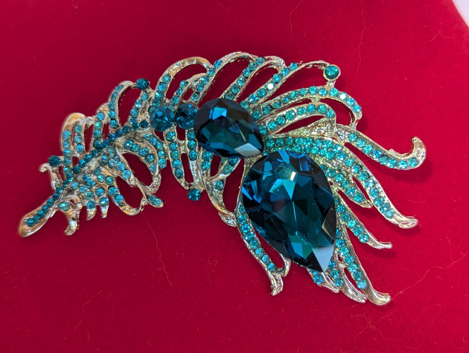 Blue Rhinestone Feather 3 3/4″ x 2 1/4 ” Brooch Pin