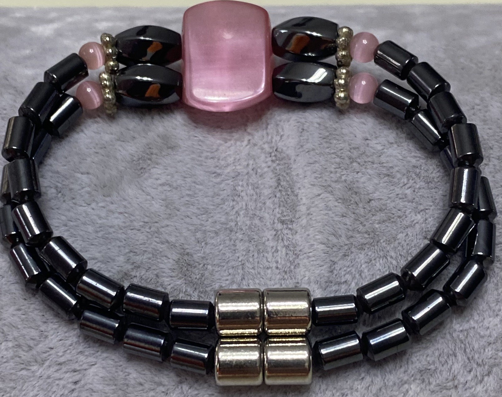 Pink Cats Eye 6.5 inch Magnetic Hematite Double Strand Bracelet w/Magnet Clasp