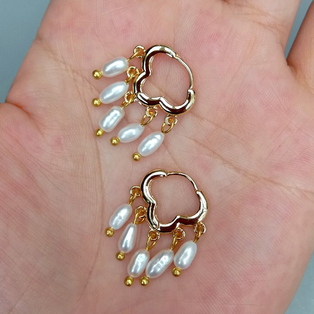 Freshwater Cultured White Rice Pearl Cloud gold plated hoop Earrings
