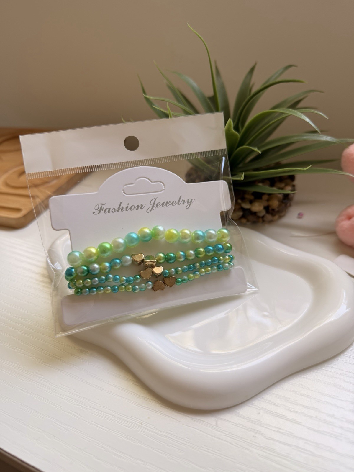Green Blue Yellow Stackable Beaded Stretch Bracelet Set, Round Bead, No Clasp