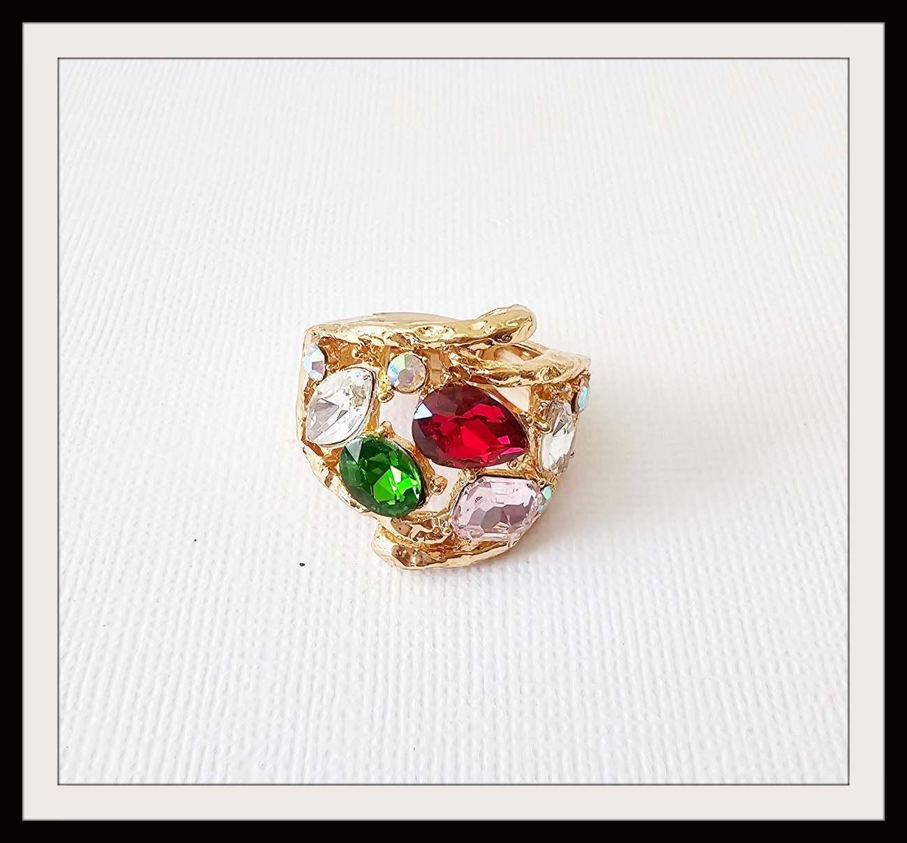 Crystal Cluster Pink Green Red Clear Stretch Ring Gold Plated STUNNING