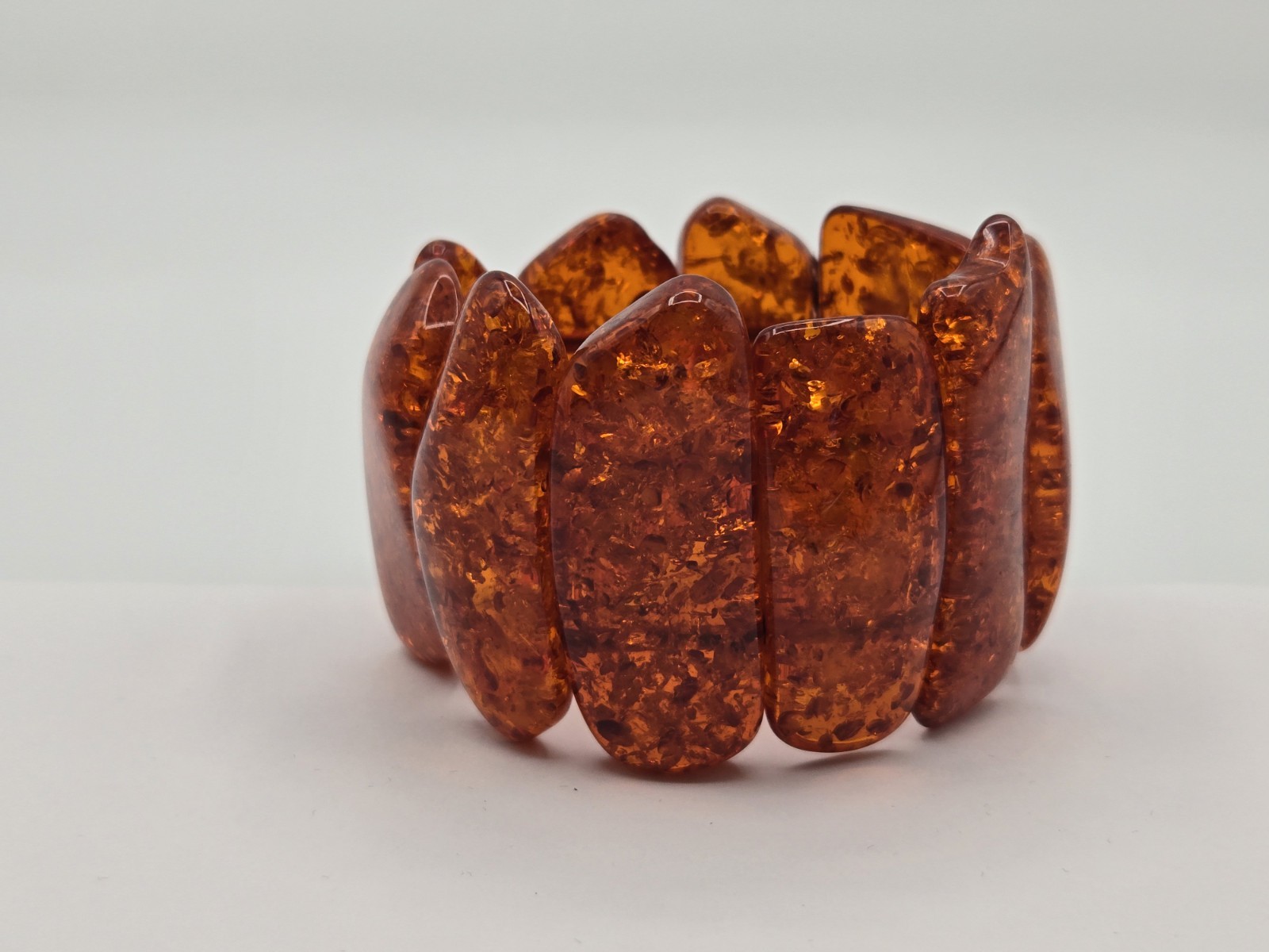 Nice Vintage? Pressed Treated Amber Wide Stretch Statement Bracelet – 2″