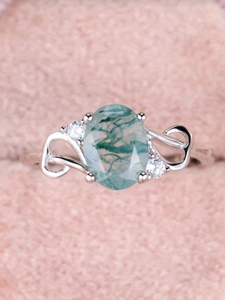 Silver-Plated Copper Oval Asymmetrical Moss CZ Textured Ring Size 7