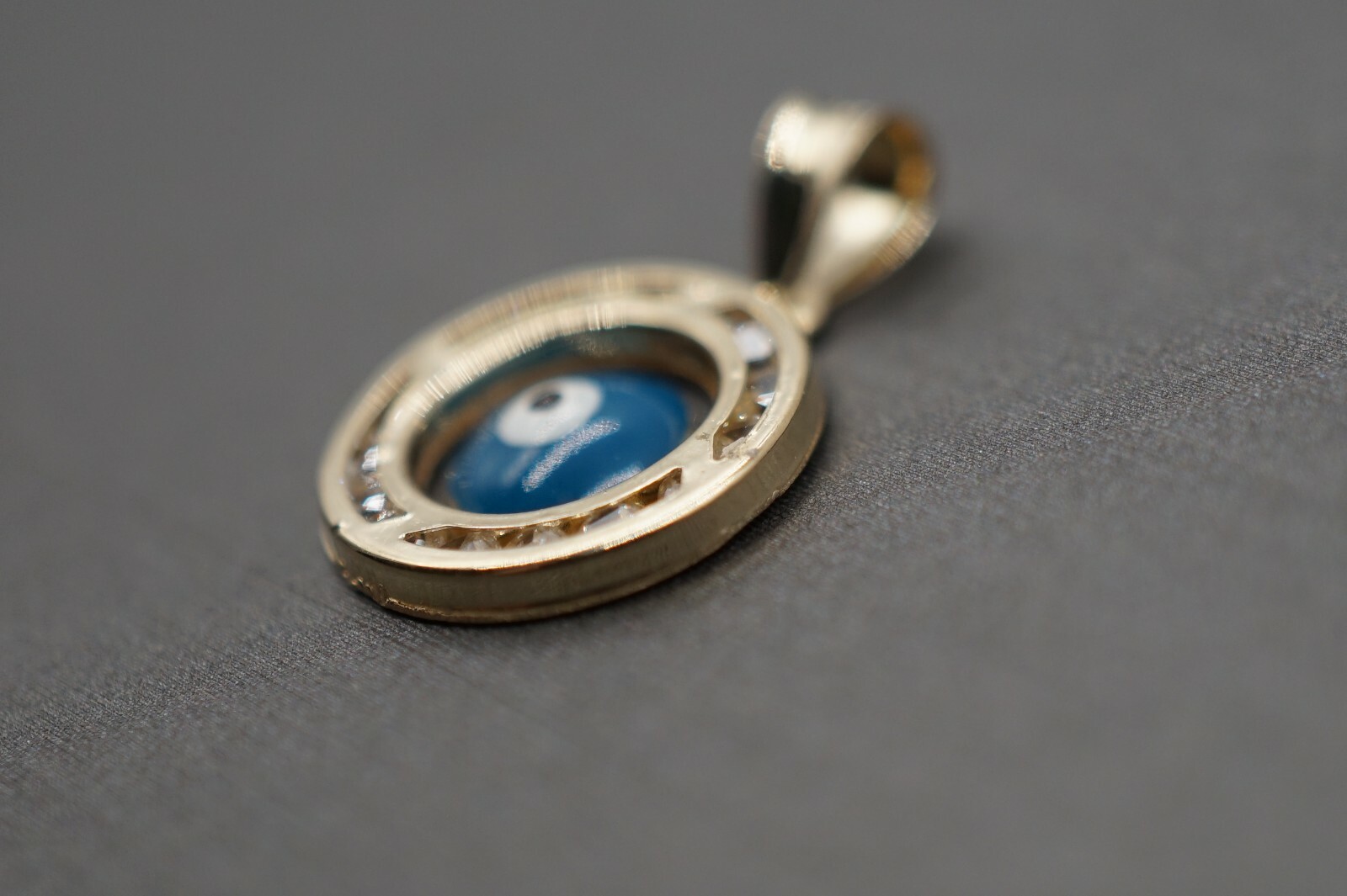 10K Solid Yellow Gold 0.65″ Circle Blue Evil Eyes Good Luck CZ Charm Pendant.