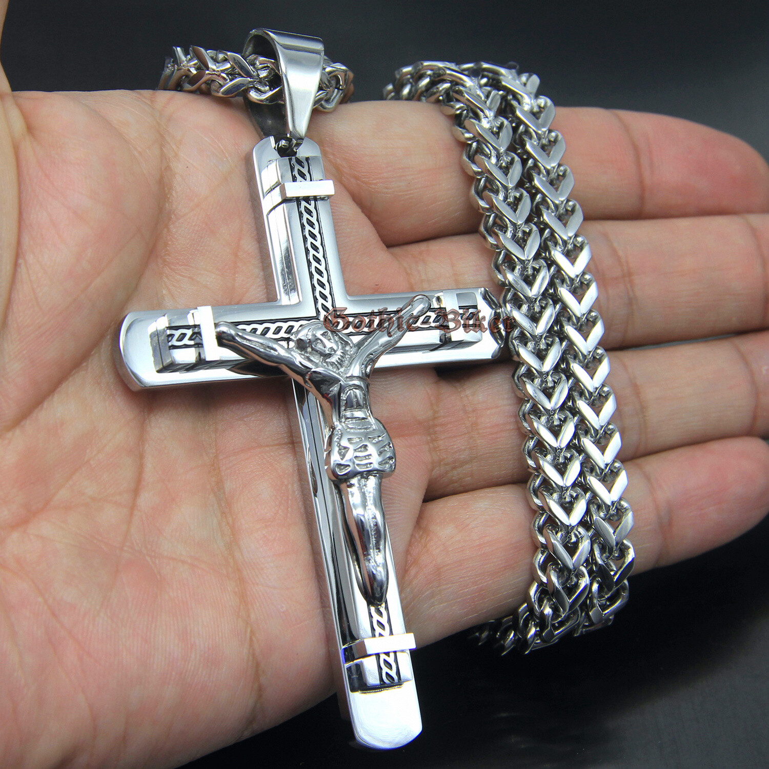 Heavy Catholic Jesus Christ INRI Cross Crucifix Stainless Steel Necklace Pendant