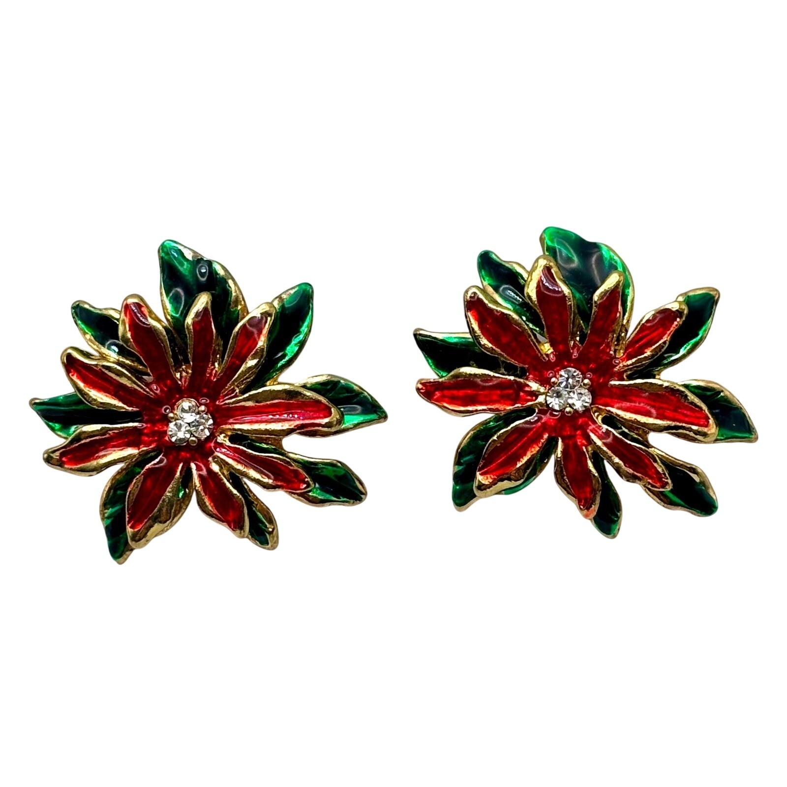 Red Green Enamel Poinsettia Stud Earrings Gold Tone Holiday Christmas Floral