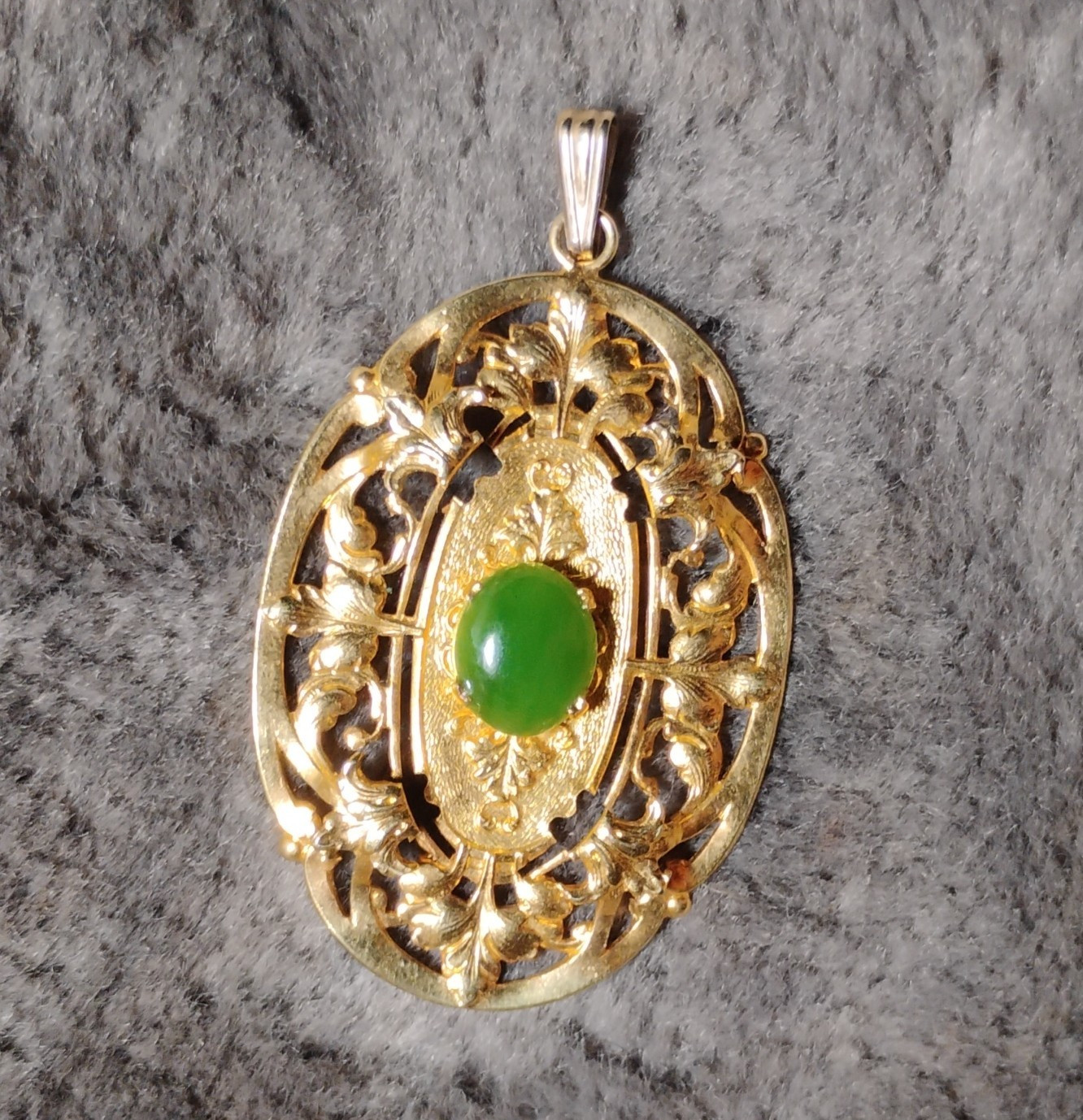 Gold-Tone Metal Oval Filigree Charm Pendant w/ Green Oval Bezel-Set Stone