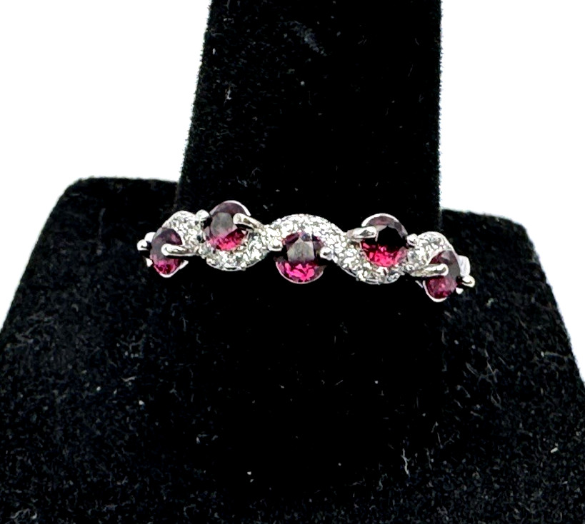 Genuine Mozambique Garnet Adjustable Ring Size 8 Silver Plated White CZ Accent