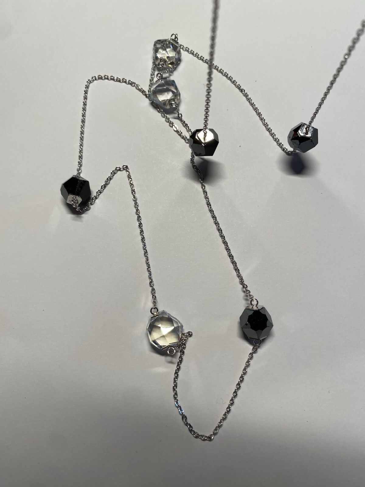 Swarovski long silver chain, 90cm long beaded black and clear crystal necklace.