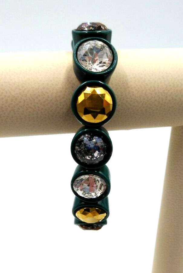 BOHO Green Metal Stretch w/ Gold, Purple, Clear Crystals Bracelet Fits up to 7″