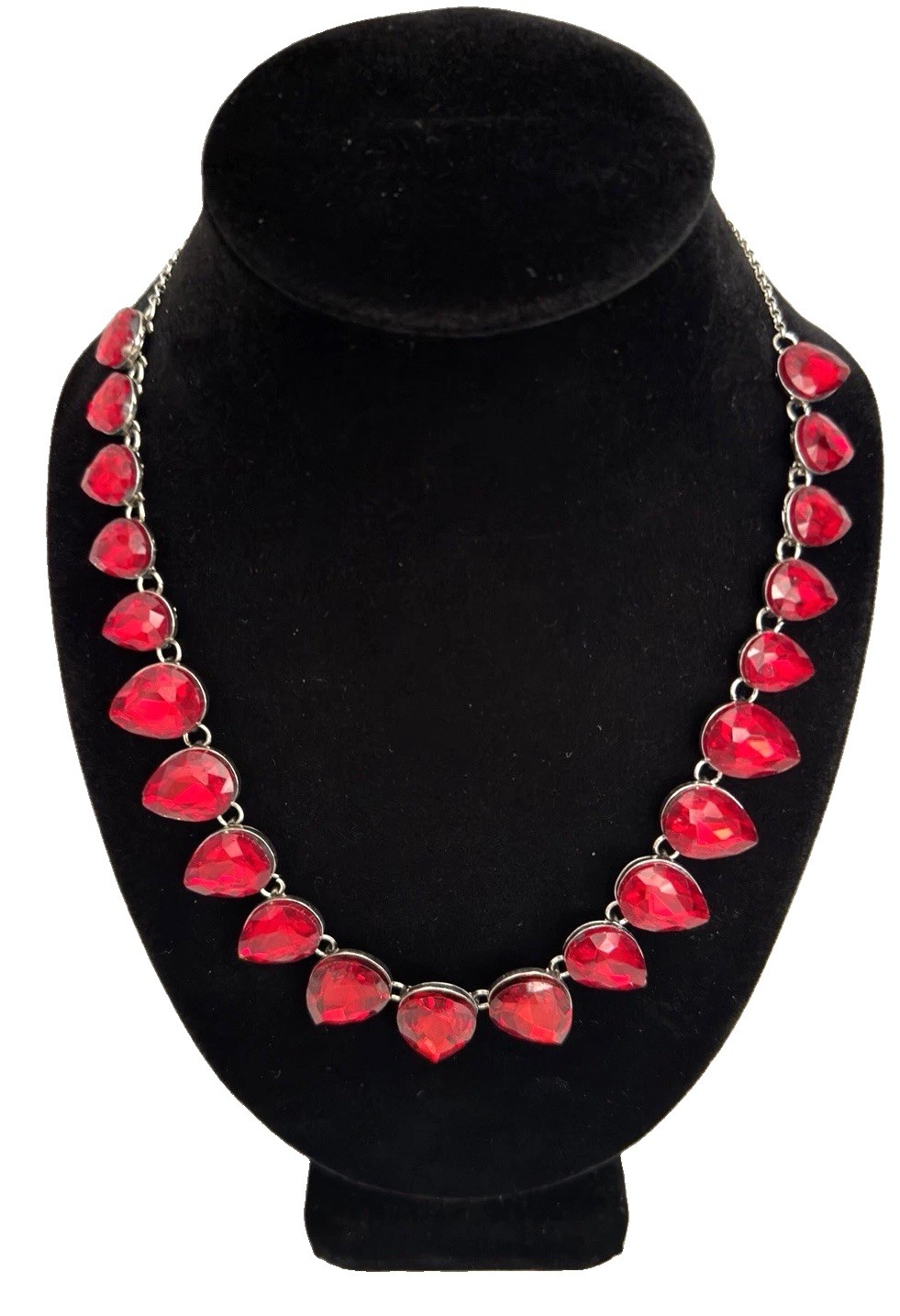 Unsigned Silver Tone Chunky Red Crystal Teardrop Fashion Statement Necklace