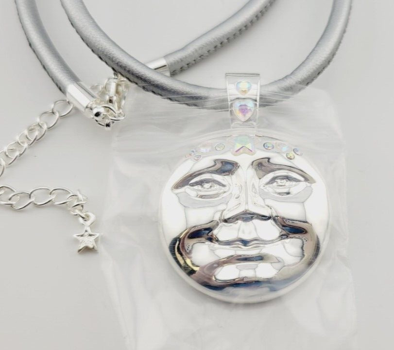 Kirks Folly Moon Fold Over Pendant Necklace Silvertone Silver Leather Cord #16
