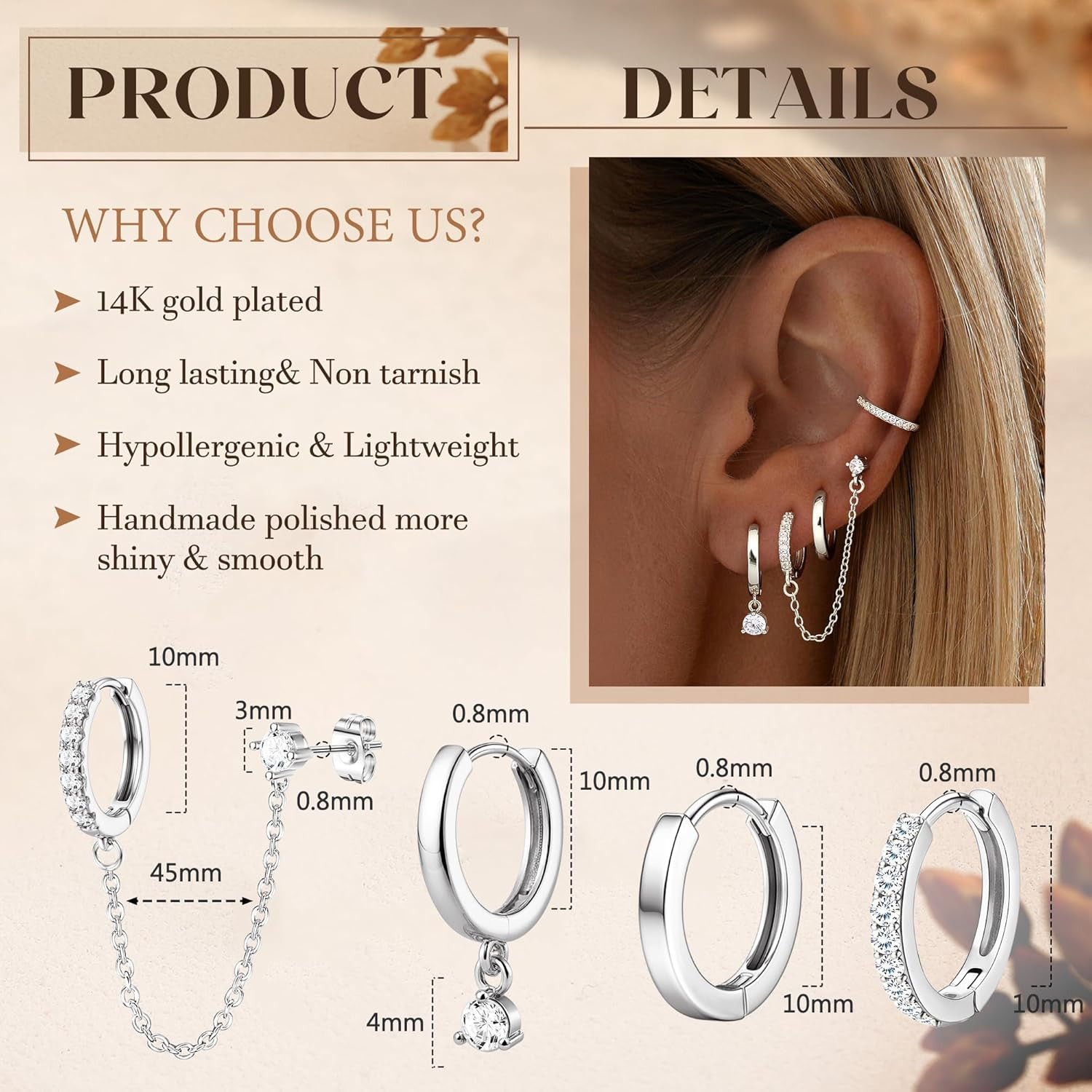 4 Pairs Small Hoop Earrings for Women Trendy 14K Gold Plated Chain Drop Earrings