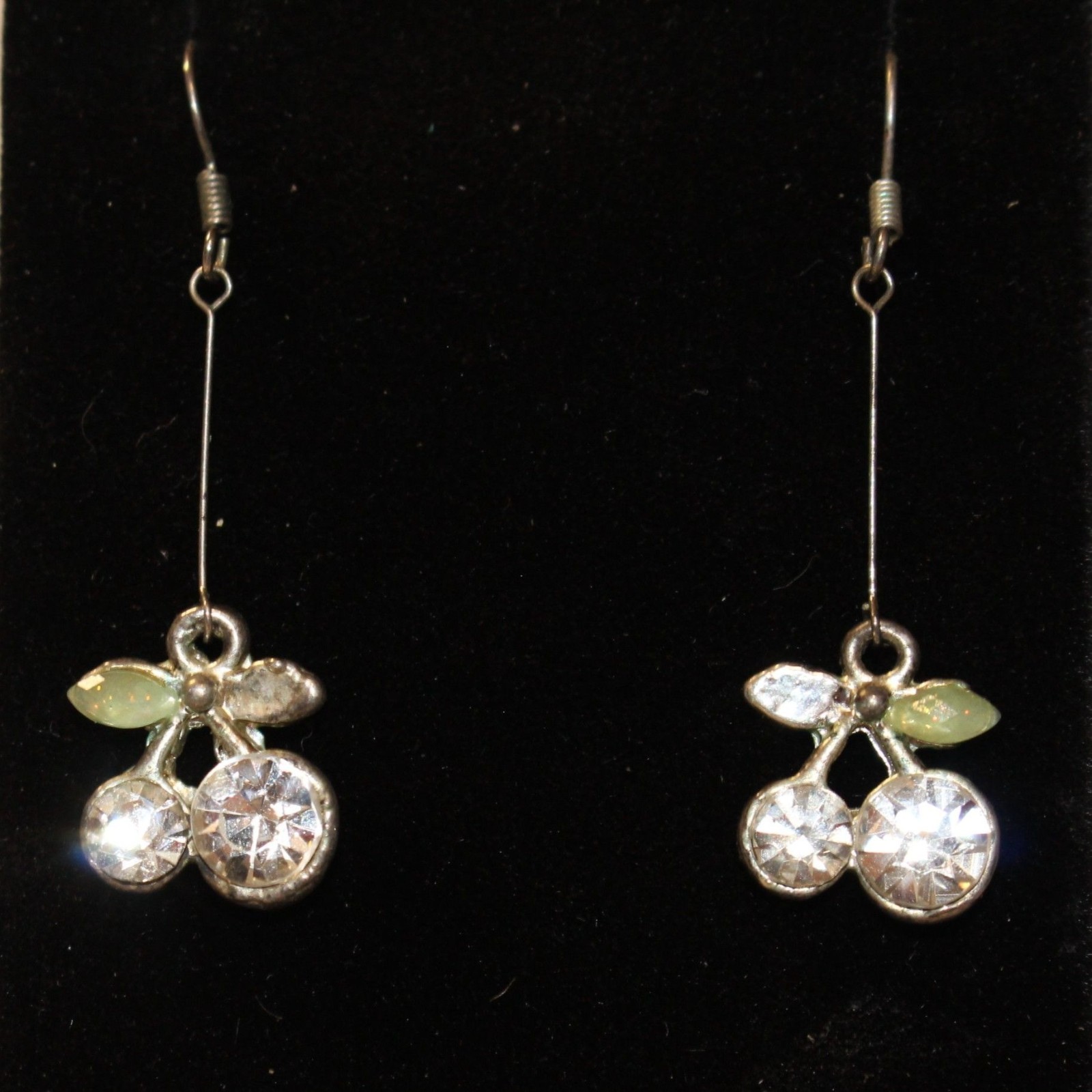 Crystal Cherry Dangle Earrings With Green Leaf Accents Approx 1.5″ Drop