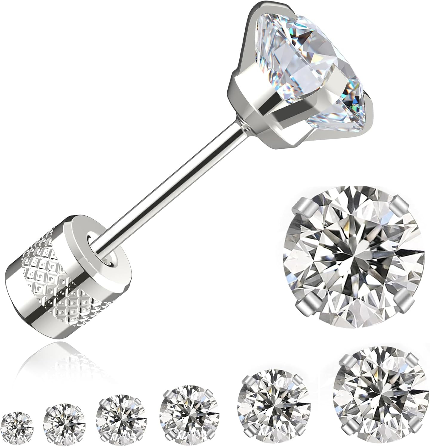 Threadless Flat Back Stud Earrings, 6 Pairs Titanium Hypoallergenic Earrings for