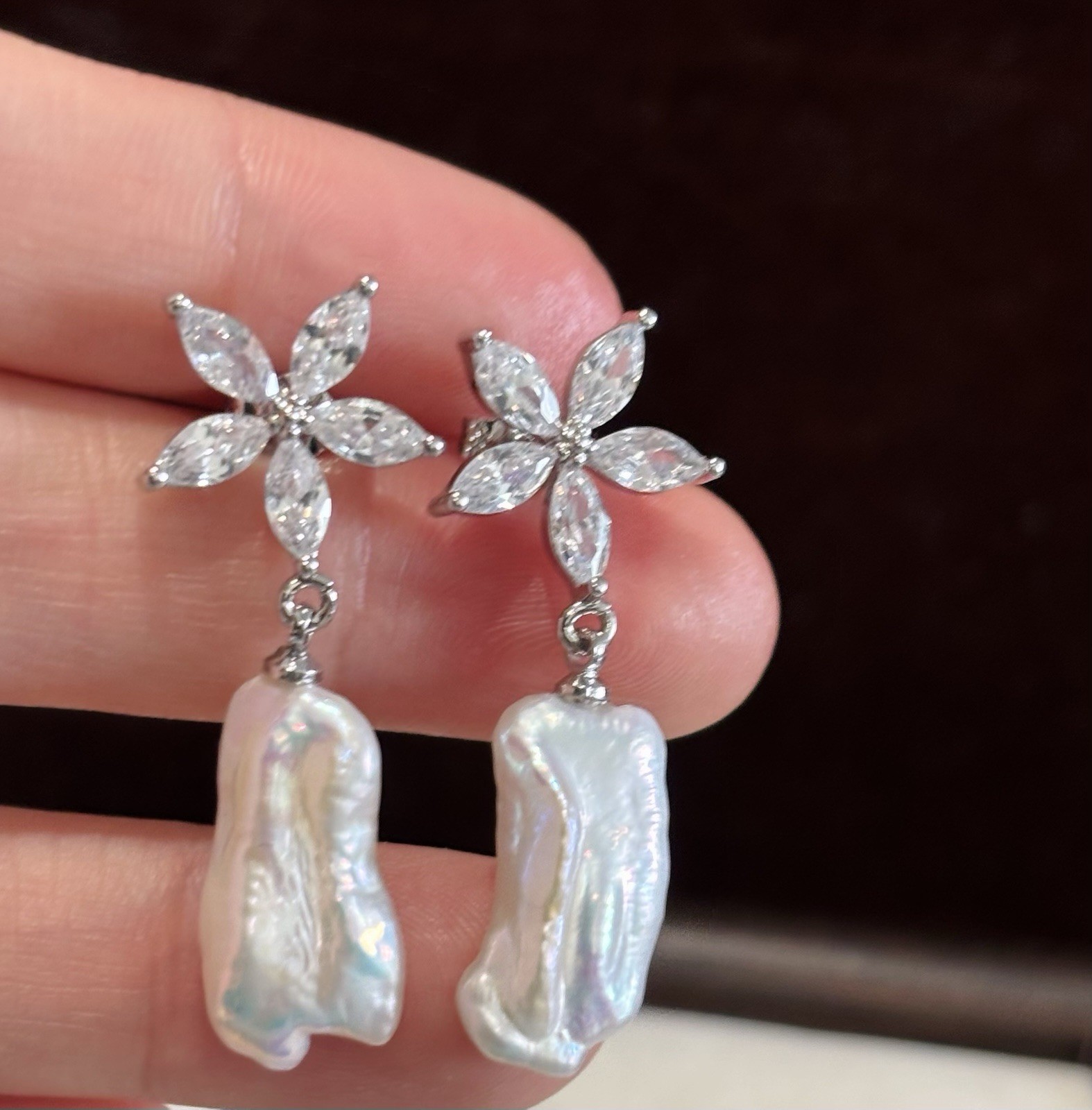 Crystal Flower Drop Earrings | Baroque Freshwater Pearls | Silver Posts