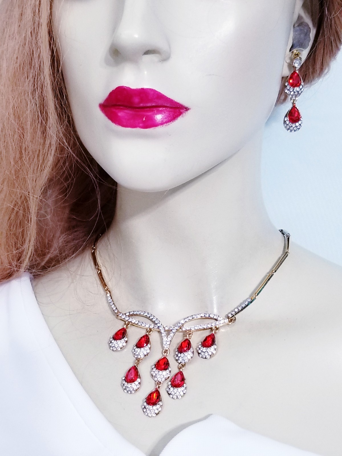 Necklace Earring Set Rhinestone Austrian Crystal Red Bridal Prom Jewelry