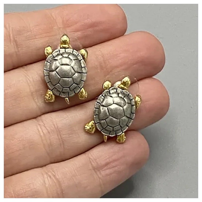 JJ Two Tone Turtle Earrings for Pierced Ears Jonette Jewelry Post Back