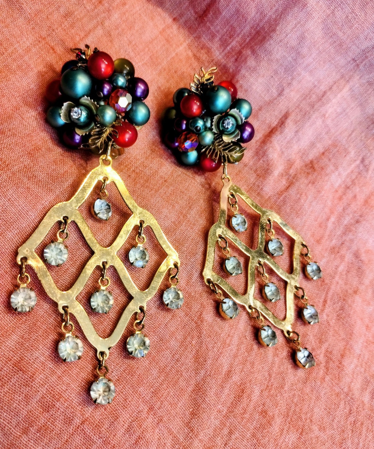 Large Colorful Festive India Indian Red Purple Green Gold Rhinestone Earrings