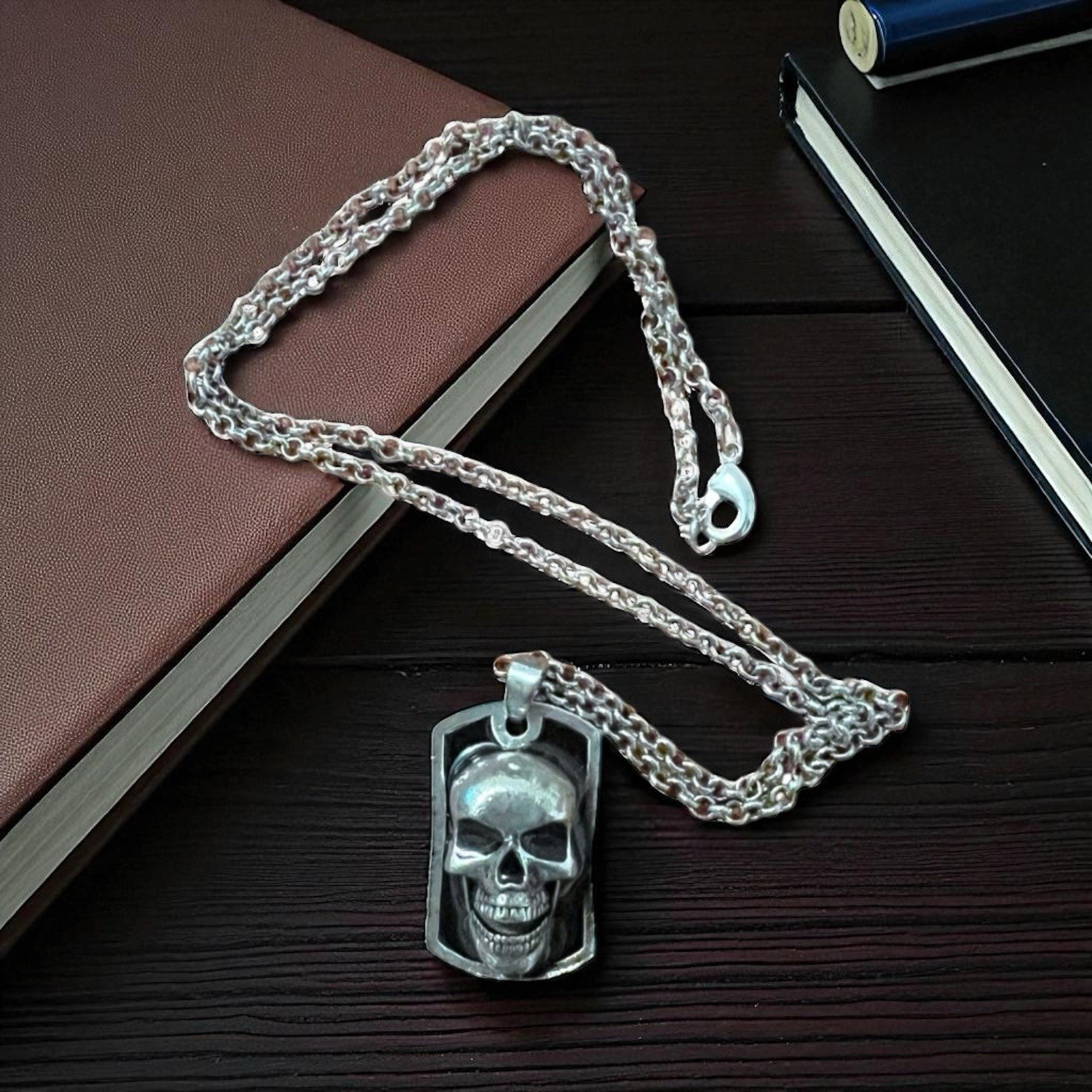 3D Skull Dog Tag Shape Pendant ( 1 1/4×3/4 Inches) On 22” Stainless Steel Chain