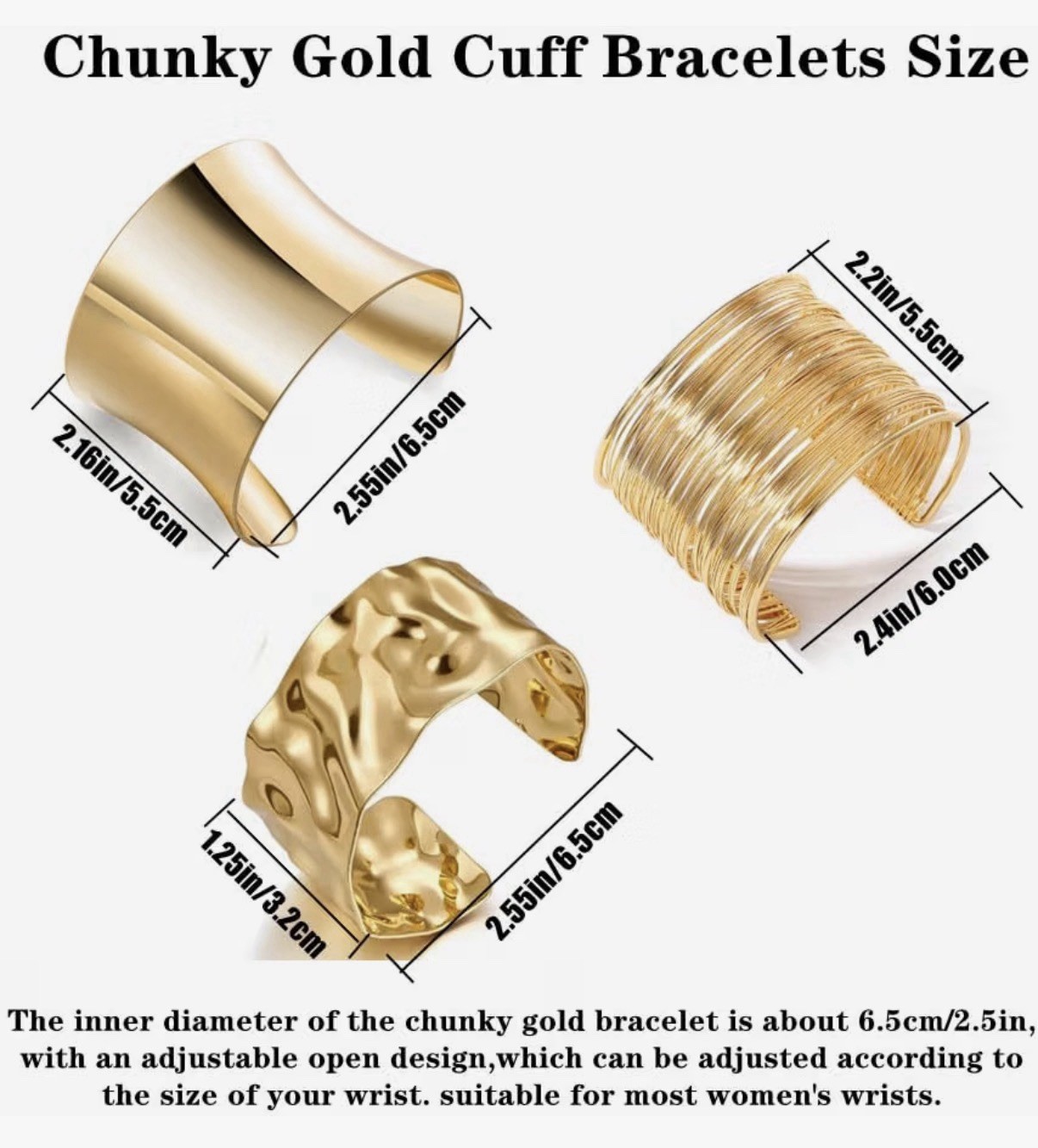 3PCS Gold Chunky Cuff Bracelets Set Open Wide Irregular Minimalist Bangle