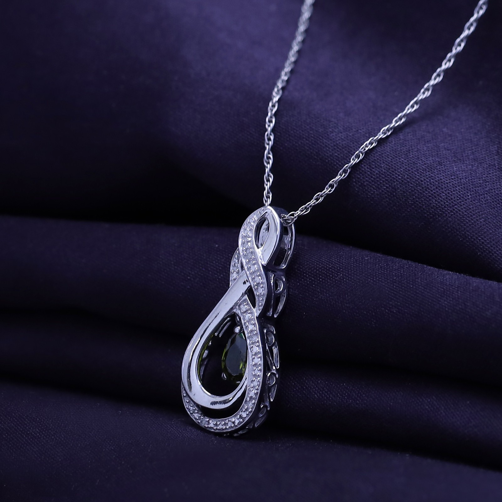 Teardrop Pendant Necklace Simulated Peridot & Natural Diamond Sterling Silver