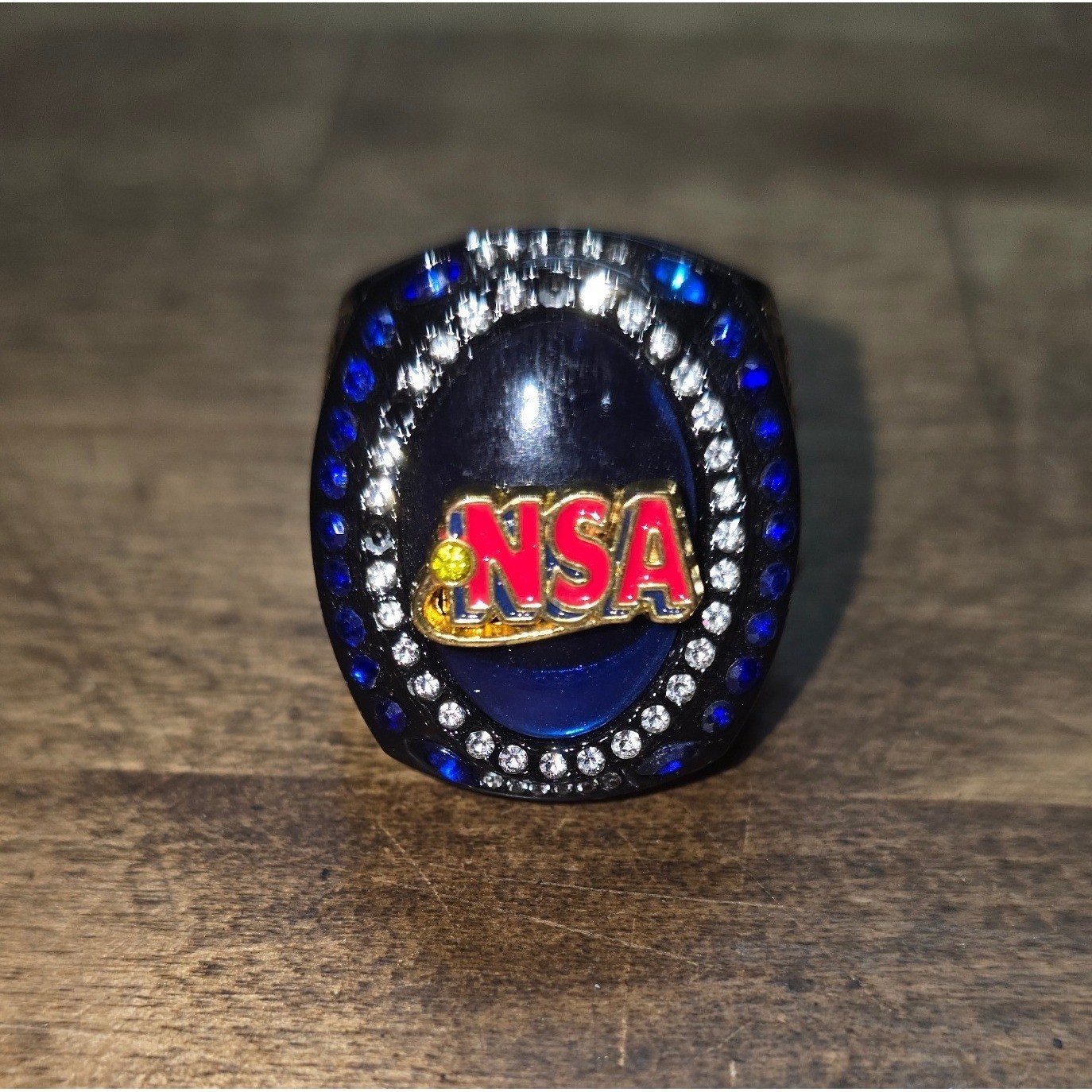 NSA National Softball Association Champions Ring Black Blue Crystals Size 10.5