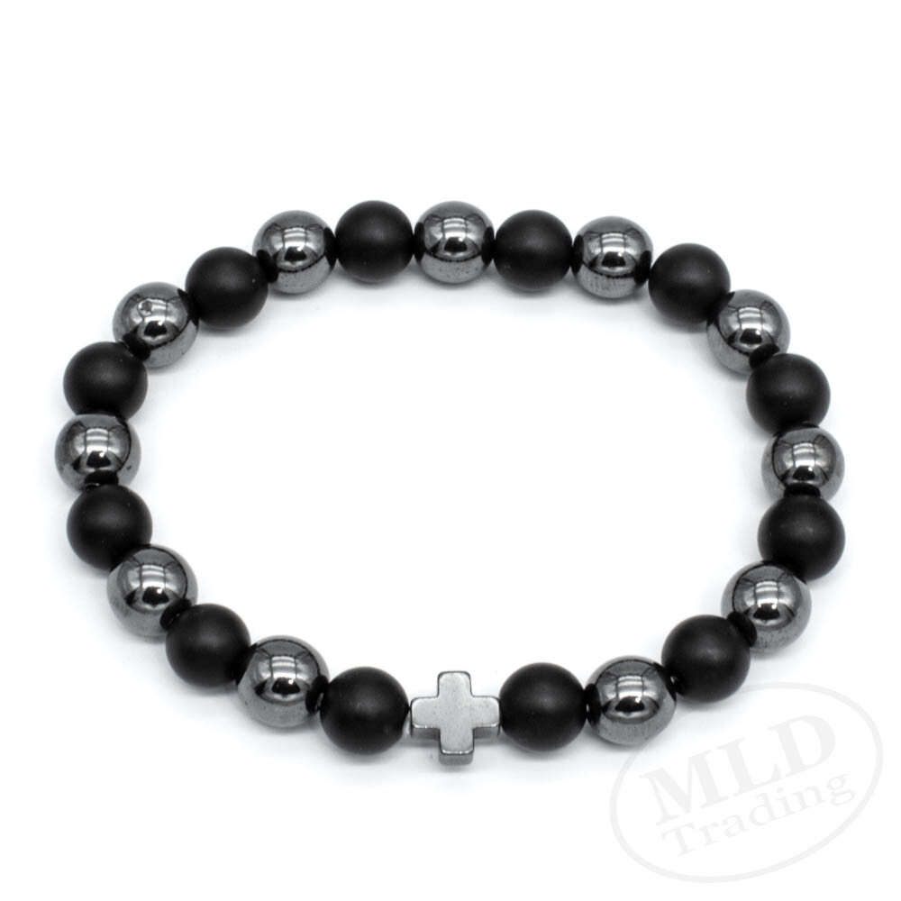 Black Hematite & Natural Stone Beads Cross Bracelet, Elastic Cord, 7 Inches
