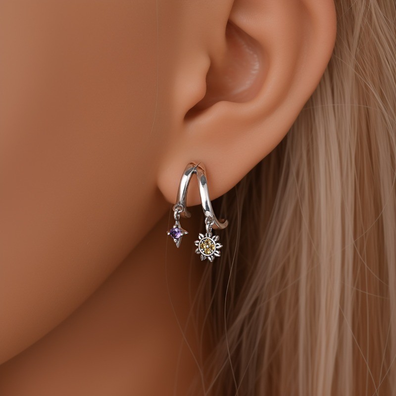 PANDACH Women 925 Sterling Silver Moon Sun Stud Earrings Cubic Zirconia CZ Gifts