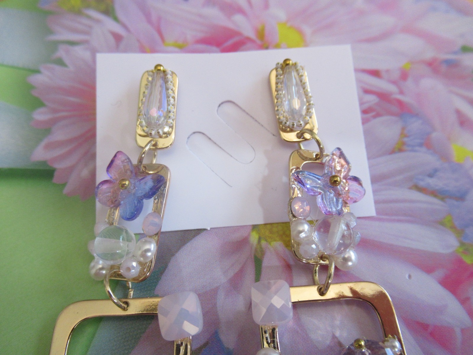 BEAUTIFUL GEMSTONES BLUE PINK BUTTERFLY GOLD DANGLE EARRINGS NWT