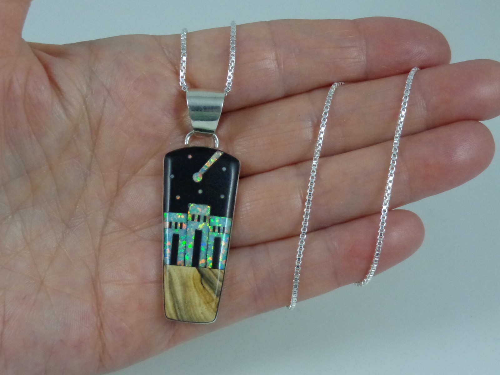 Sterling Silver Jasper Starry Night Lab Opal Three Dwellings Pendant Necklace