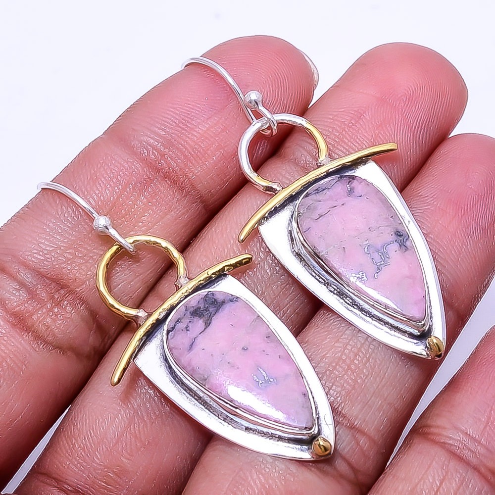 Black Manganese In Rhodonite 925 Sterling Silver Two Tone Earring 1.95″ E47