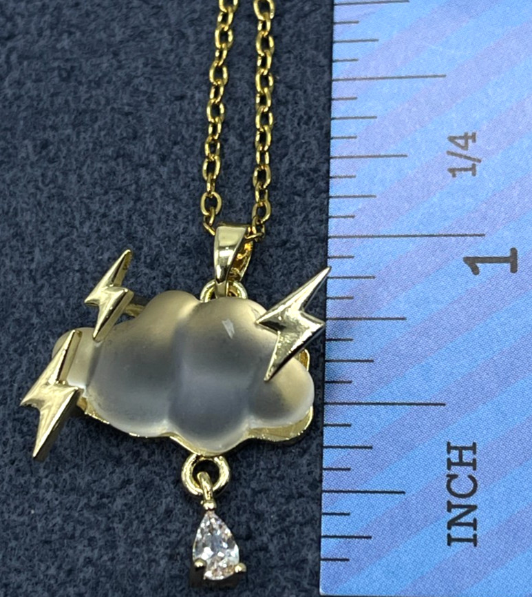 Necklace Iridescent White Cloud w/Gold Tone Lightning Bolts & Zirconia Rain Drop