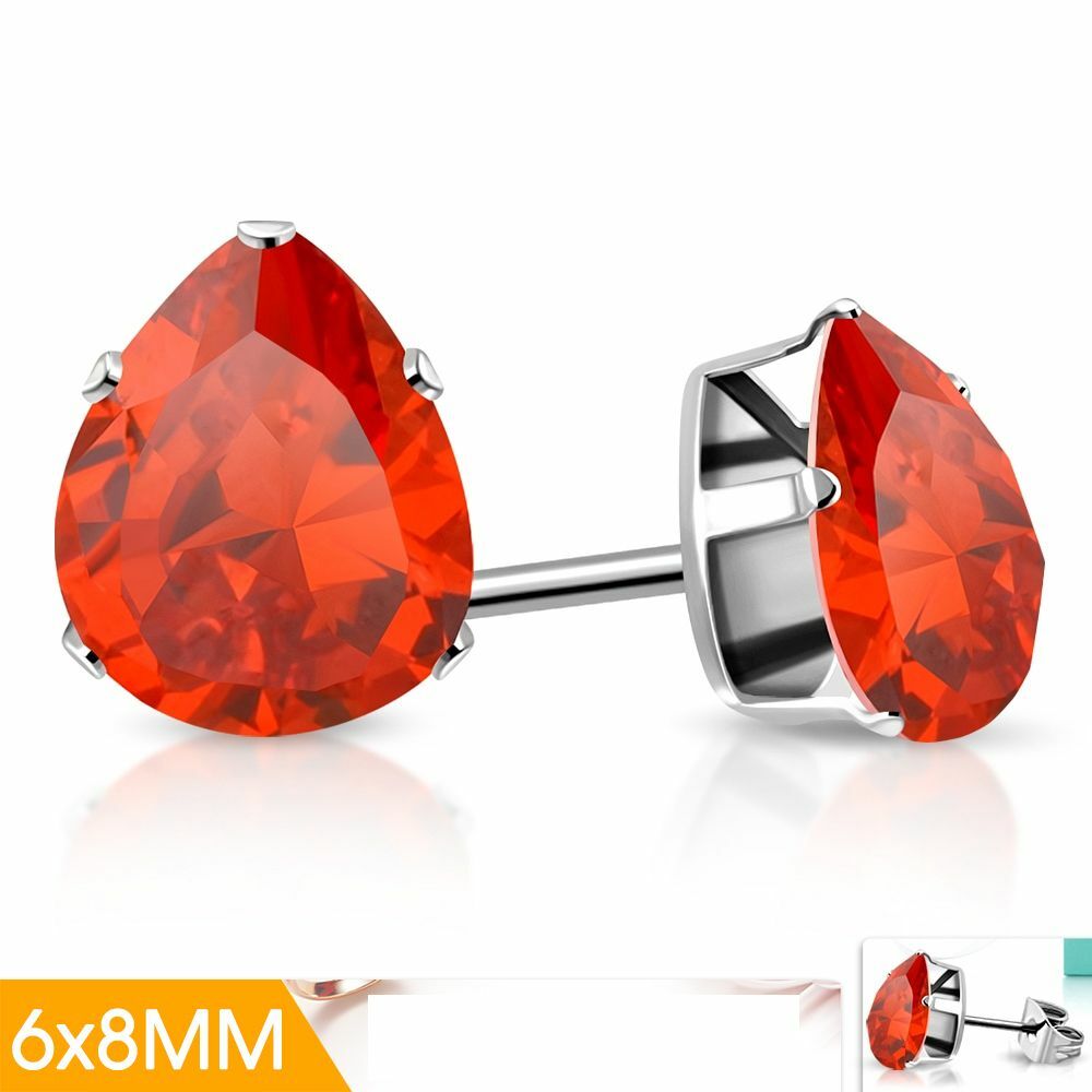 6x8mm Stainless Steel Prong Set Teardrop Stud Earrings With Orange Hyacinth CZ
