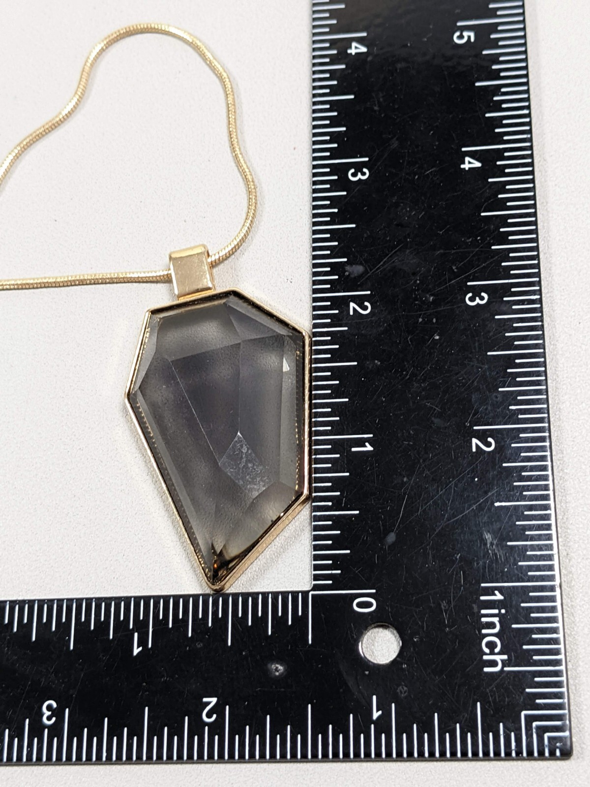 Gold Tone Smoky Gray Acrylic Cabochon Pendant Long Necklace 31 inch