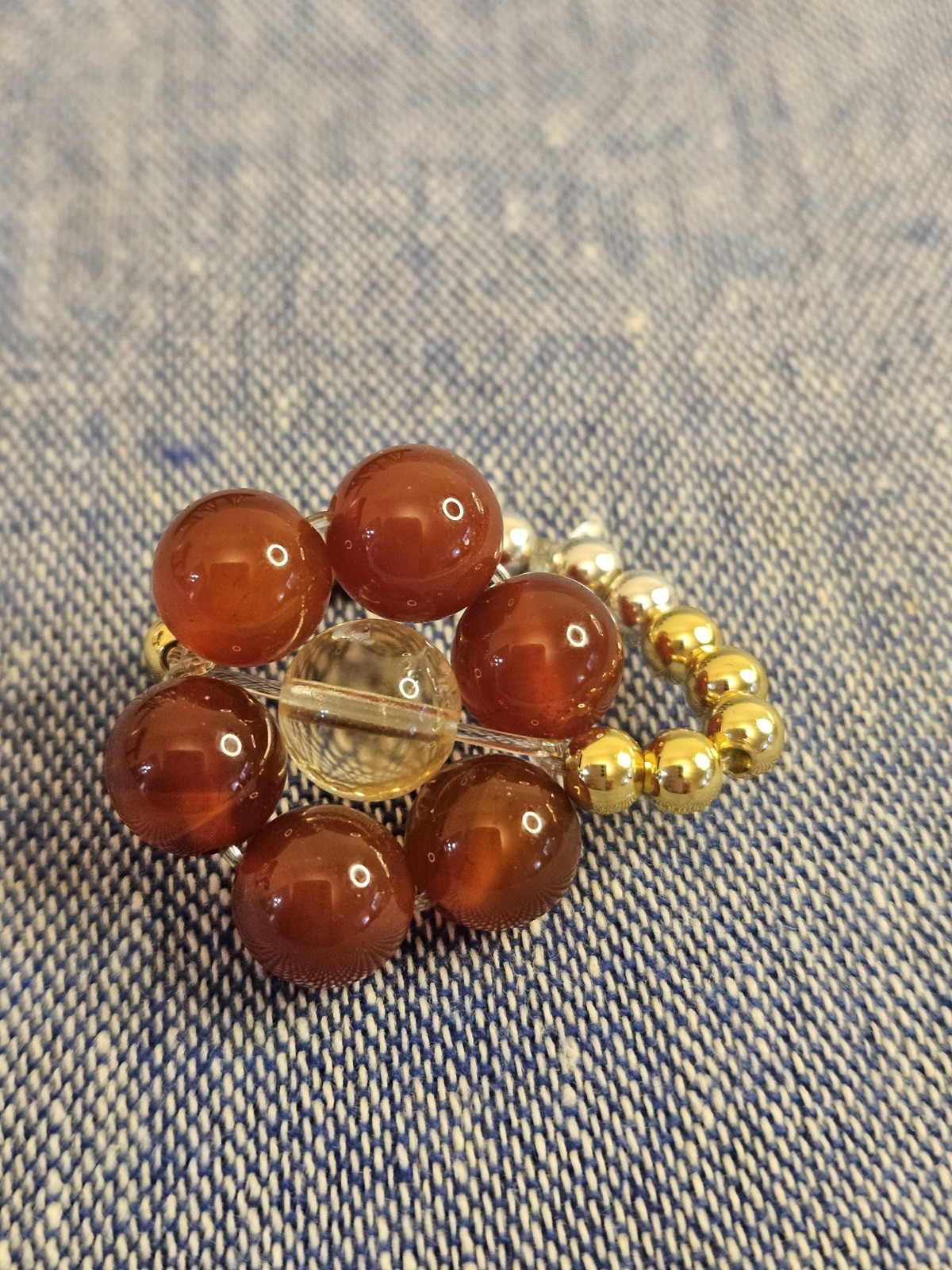 Red Carnelian Citrine Gold-Tone Beaded Flower Cluster Cocktail Ring Round Beads
