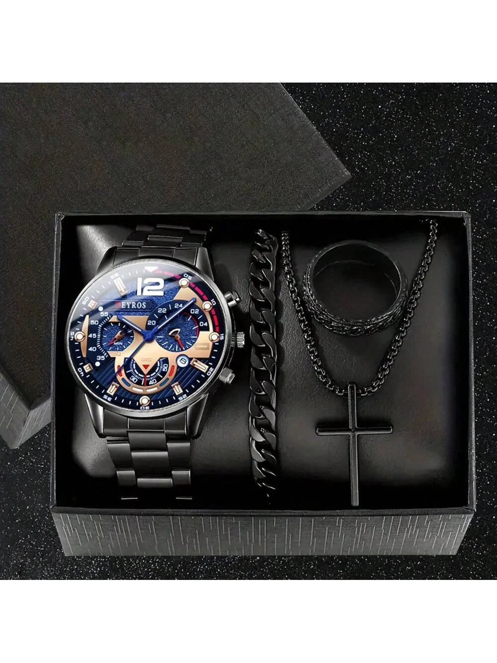Men’s 4-Piece Watch Bracelet Necklace Ring Gift Box Casual & Formal