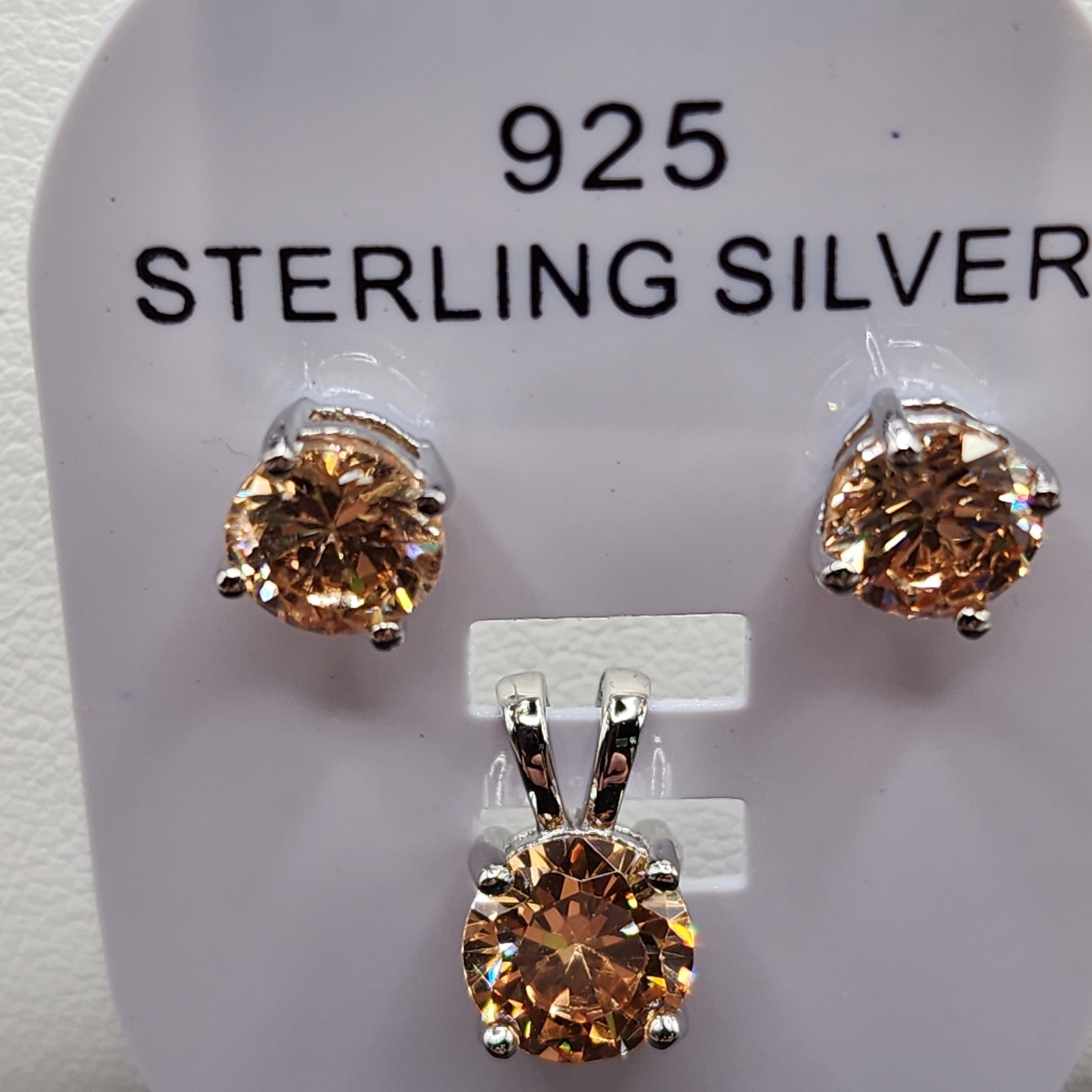 925 NEW Sterling Silver Rhodium Plated Pendant &Earrings Set Champagne CZ