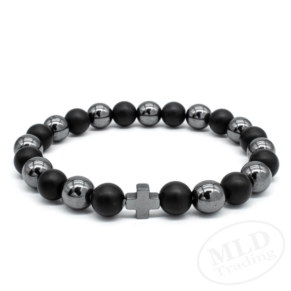 Black Hematite & Natural Stone Beads Cross Bracelet, Elastic Cord, 7 Inches