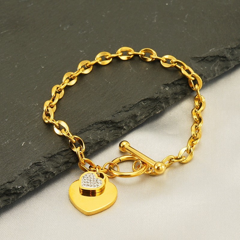 Gold Plated Alloy Chain Link Dual Heart Dangle CZ Pave OT Toggle Clasp Bracelet
