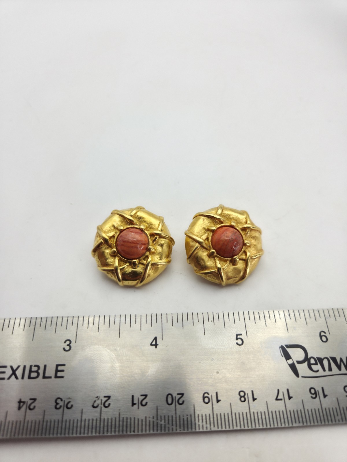 Karl Lagerfeld Chunky Gold Tone Orange Cabs Clip Ons Earrings Designer Signed 1″