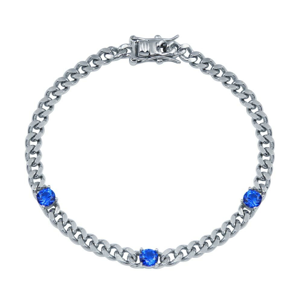 CURB LINK BRACELET W/ LAB CREATED BLUE SAPPHIRE/ 925 STERLING SILVER / 7” LONG
