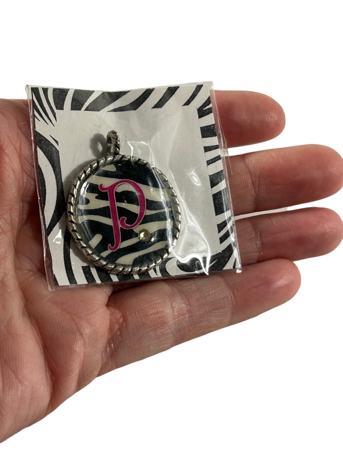 Initial P Zebra Print Pendant Pink Letter Charm Round Rhinestone Silver Tone