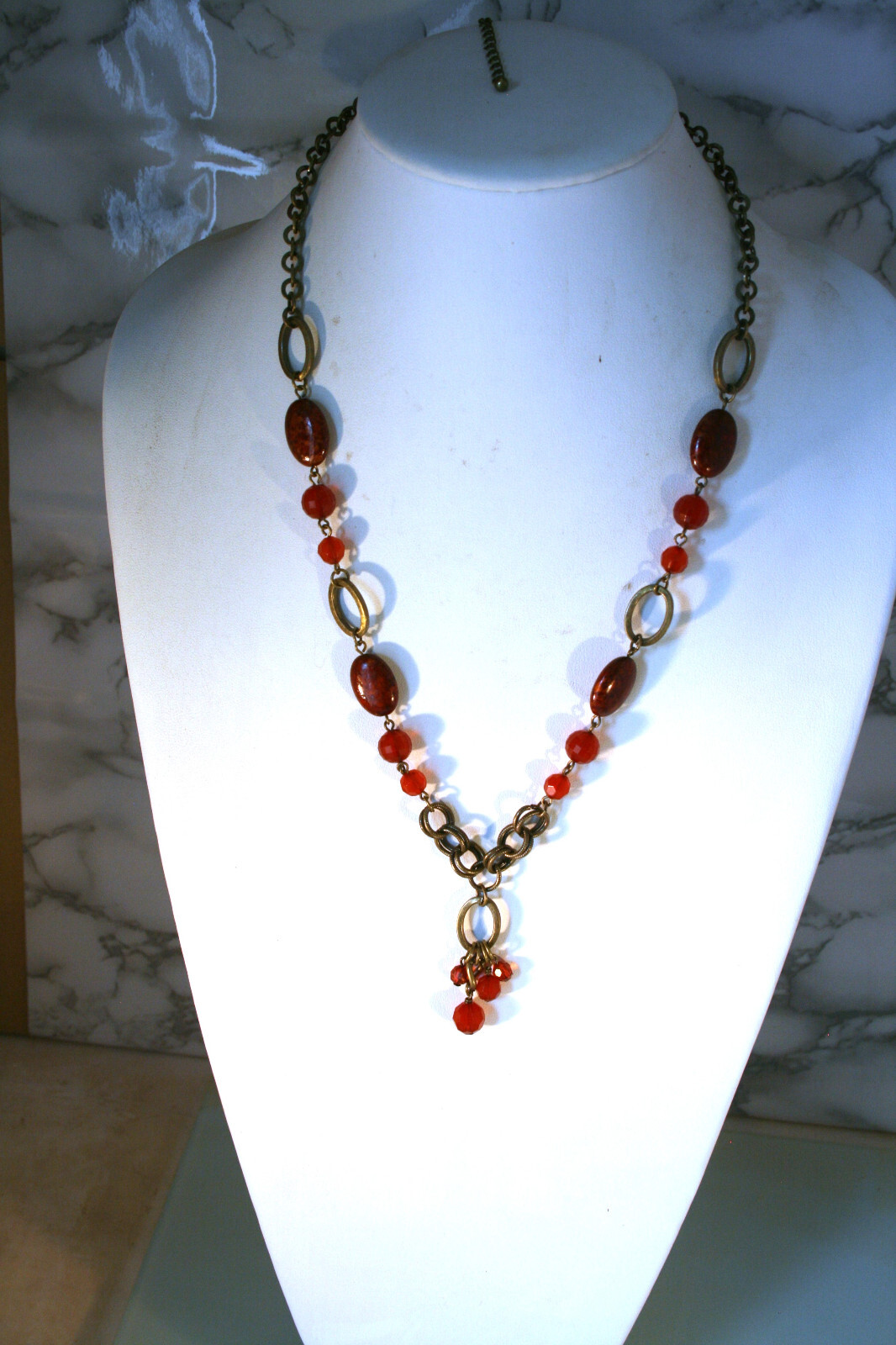 Brass tone red oval & round beaded oval chain tassel pendant necklace 22″ +3
